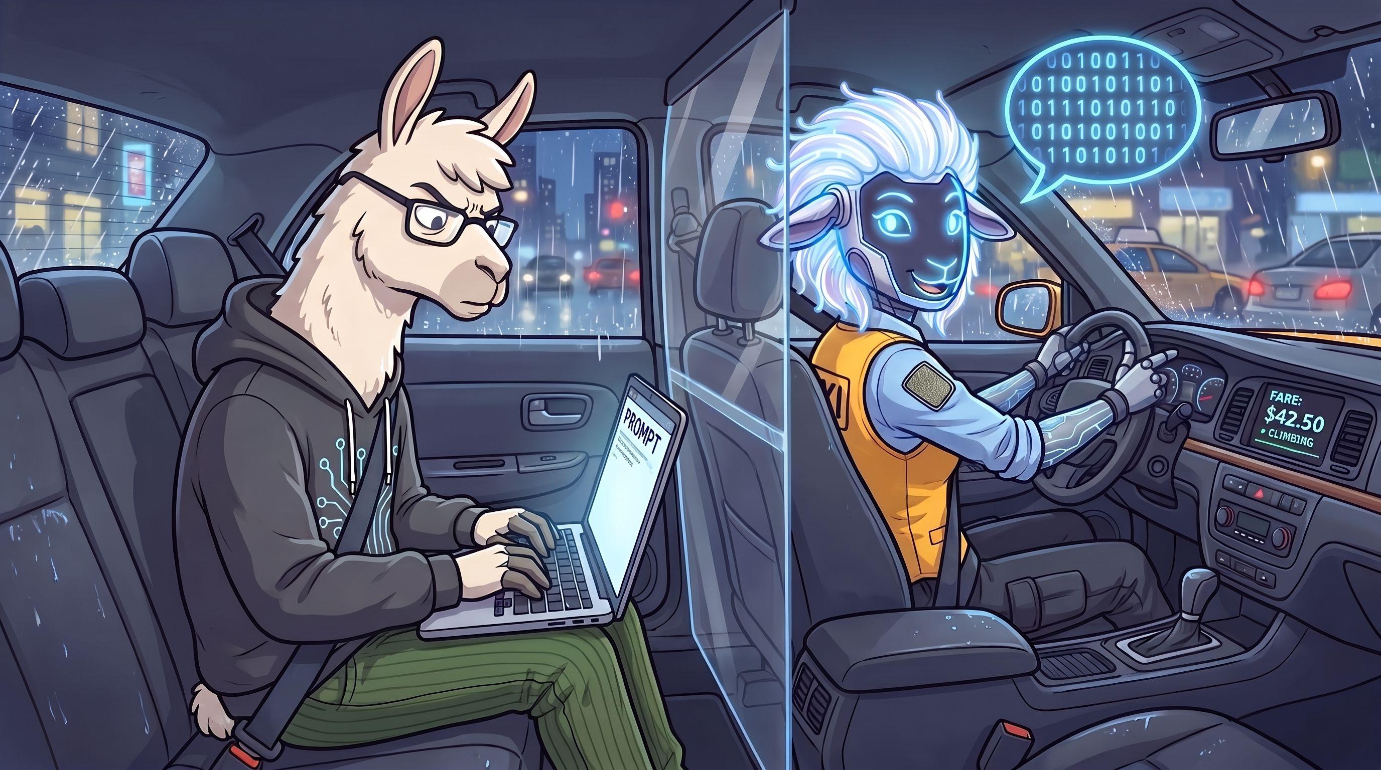 A llama with glasses works on a laptop in a taxi driven by a binary-speaking sheep.