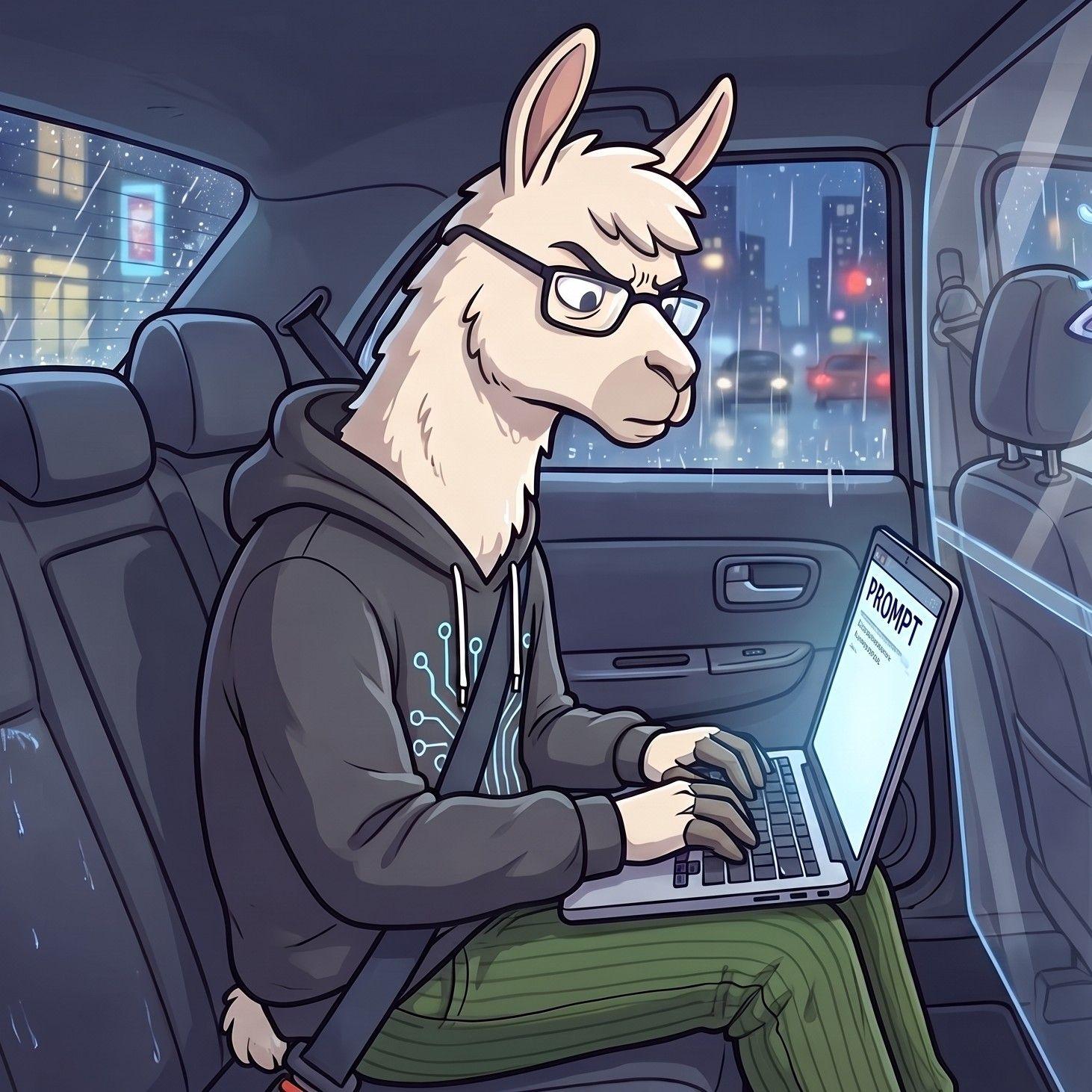 A llama in glasses and a hoodie types on a laptop in a taxi at night.