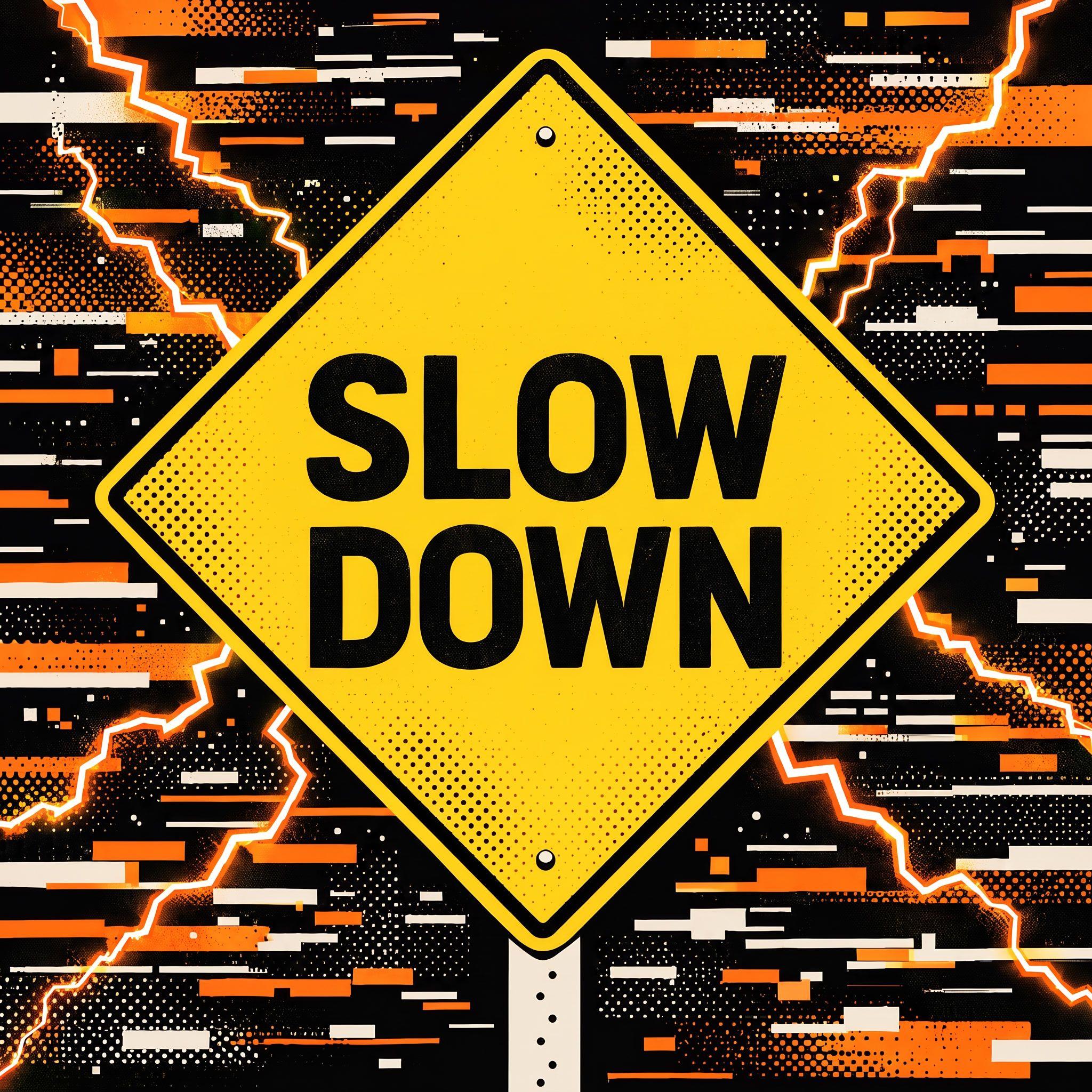 Yellow diamond sign with 'SLOW DOWN' text against an abstract orange and black background.