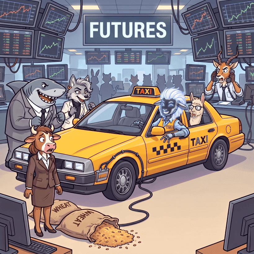Anthropomorphic animals on a futures trading floor with a taxi and spilled wheat.