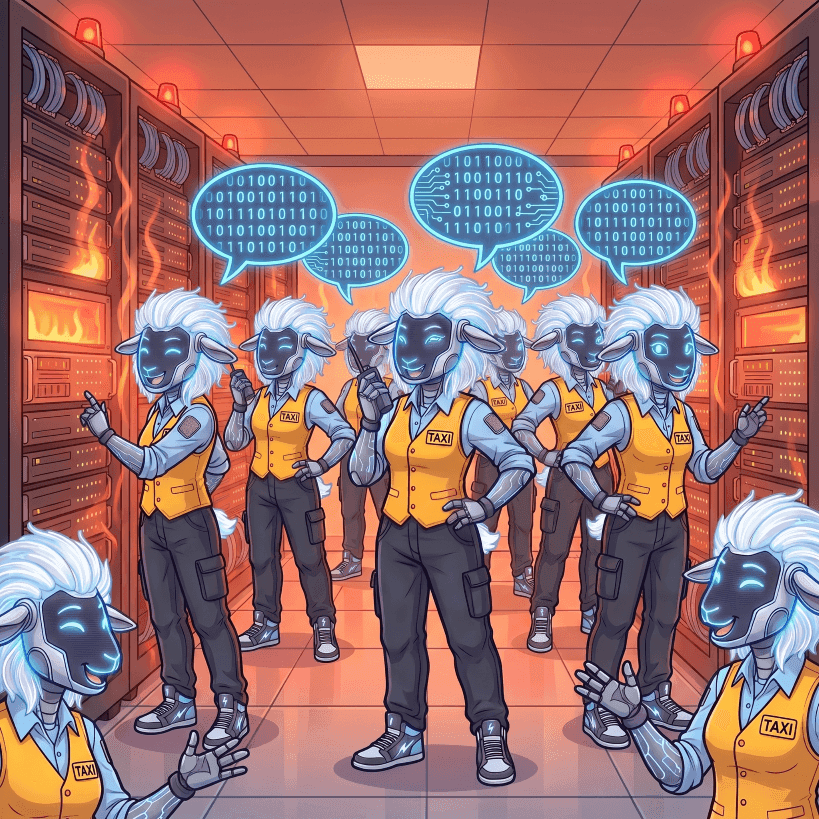 Robot sheep in a burning data center with digital speech bubbles.