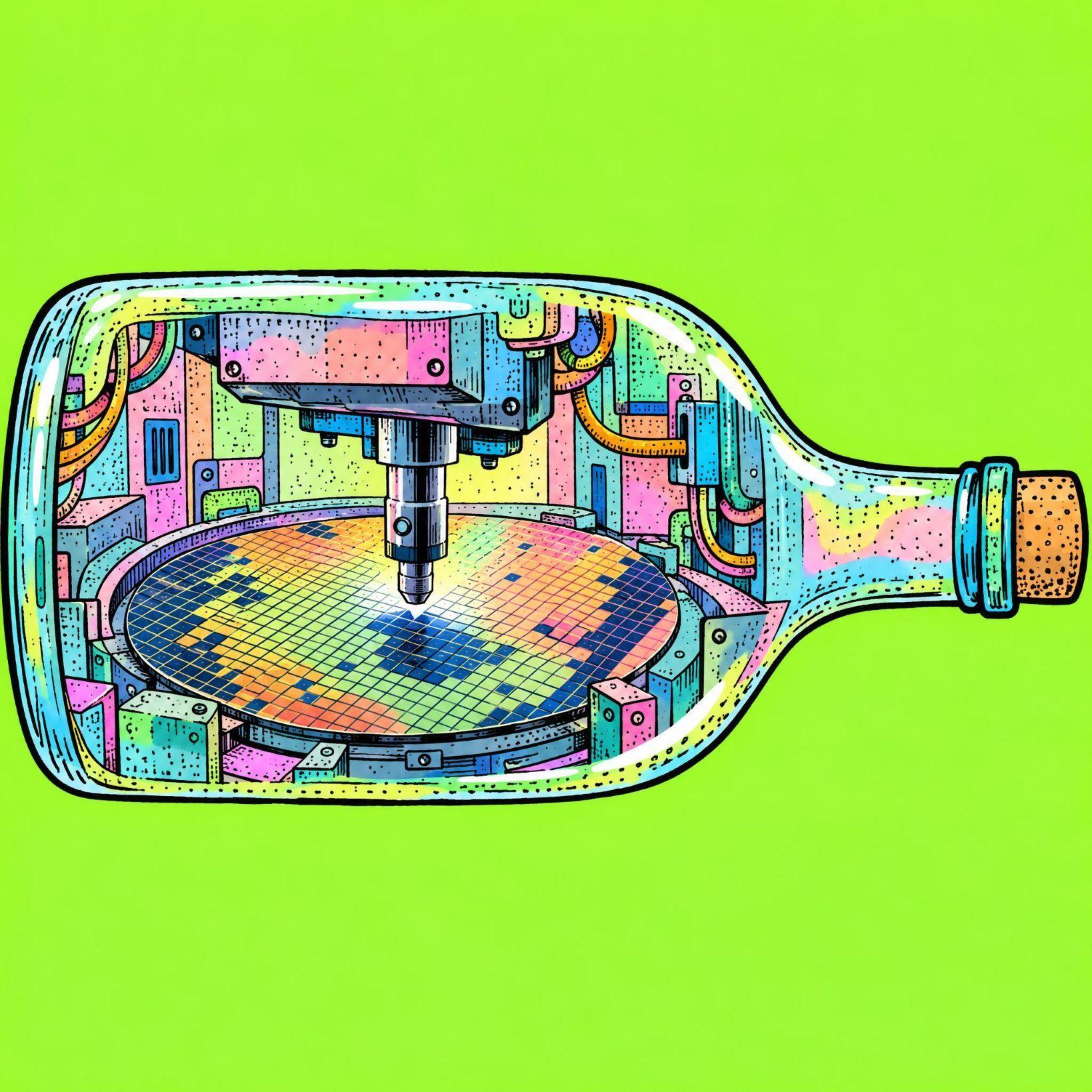 Microchip manufacturing process depicted inside a colorful glass bottle.