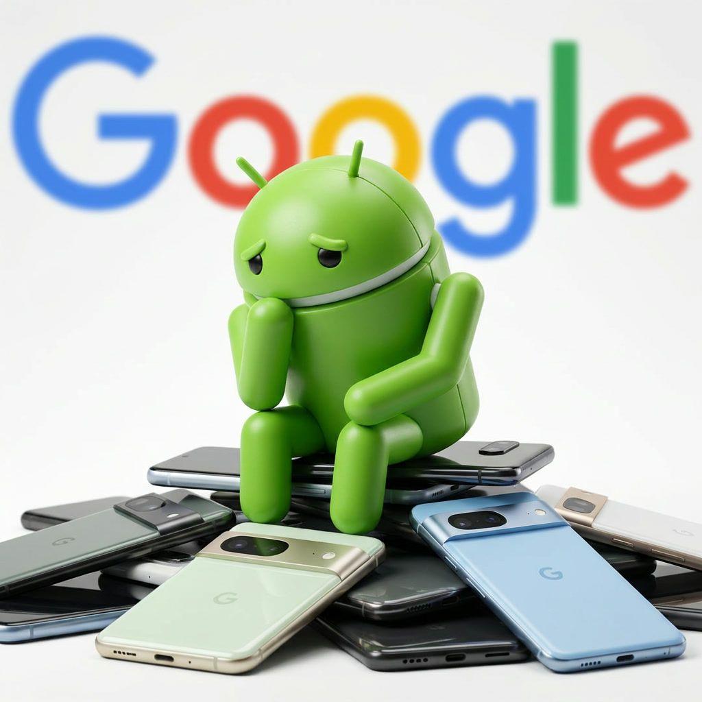 Sad Android robot mascot sitting on a pile of various smartphones with Google logo.