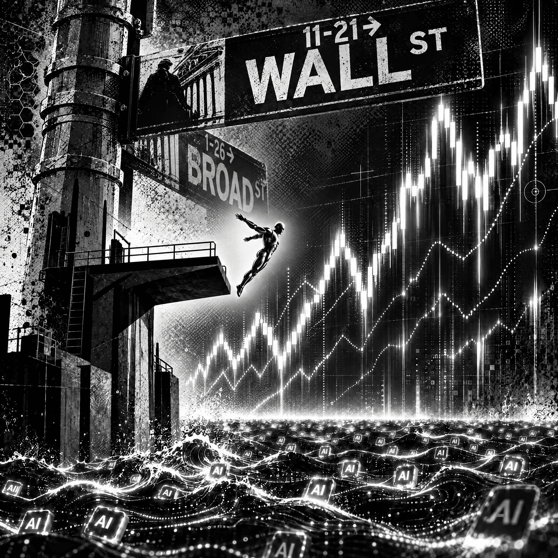 Wall Street sign, leaping figure, and glowing AI-driven market trend graphs.