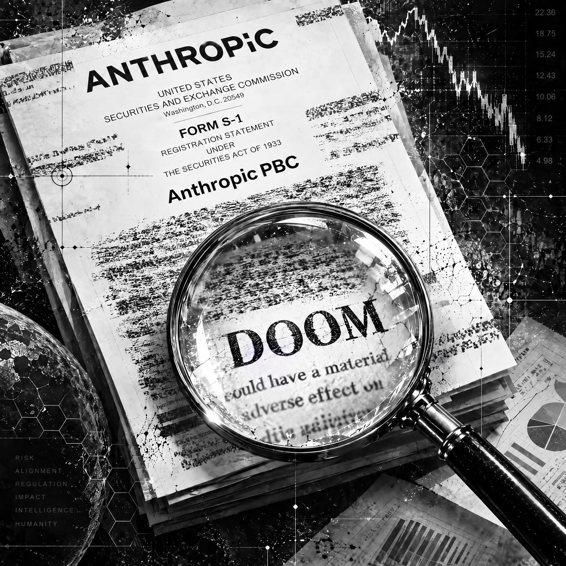 Magnifying glass highlights 'DOOM' on an Anthropic document with financial charts in background.