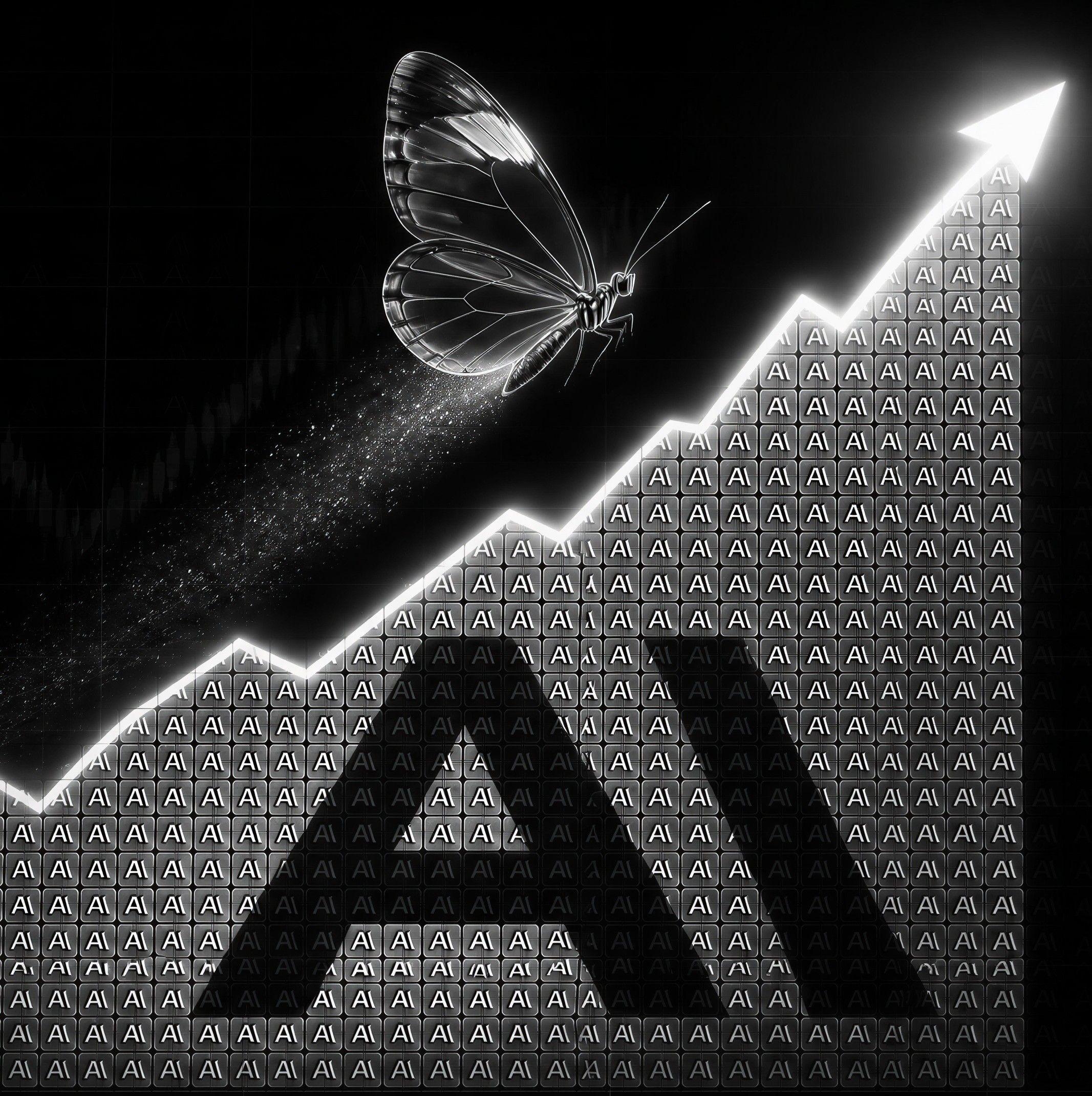 Glowing upward trend arrow with a butterfly above the prominent letters AI.