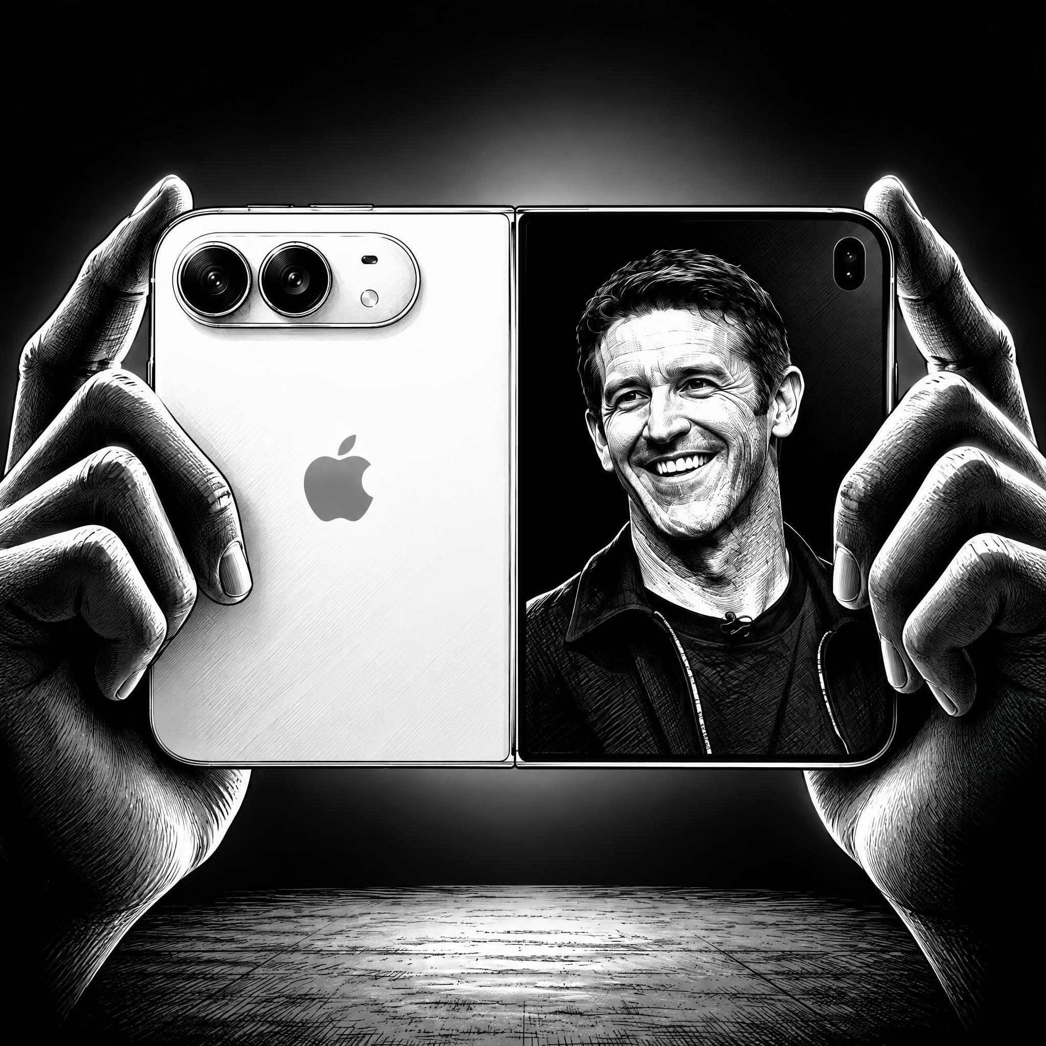 Hands hold a white iPhone back and a man's smiling face on a screen.