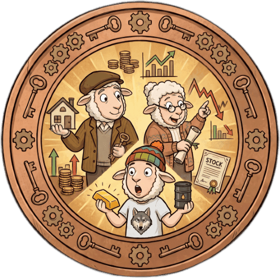 Copper coin featuring three sheep illustrating financial investments like property, stocks, and commodities.
