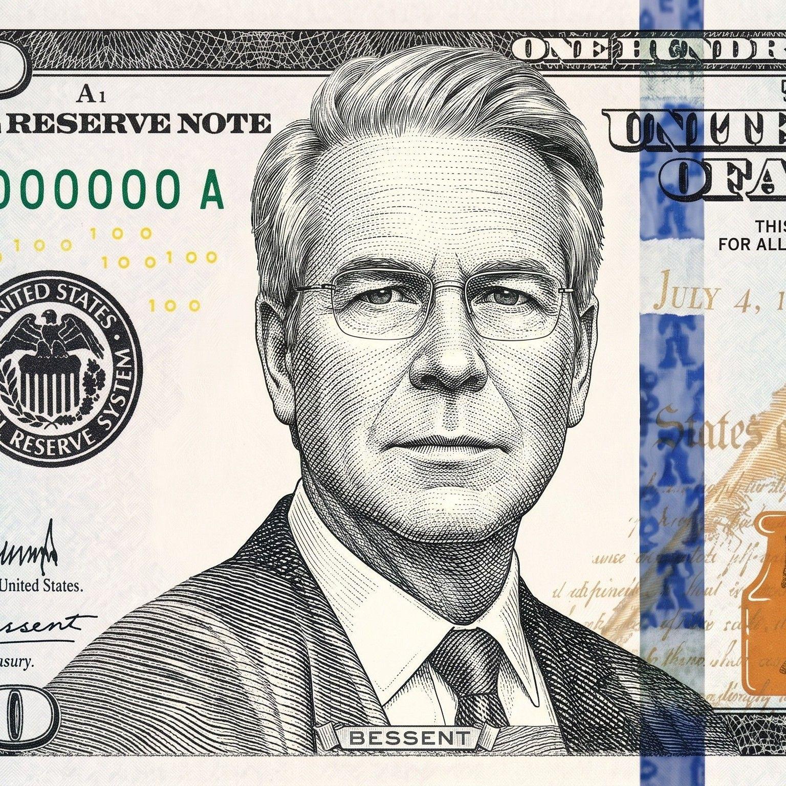 A man with grey hair and glasses is depicted on a hundred-dollar bill.