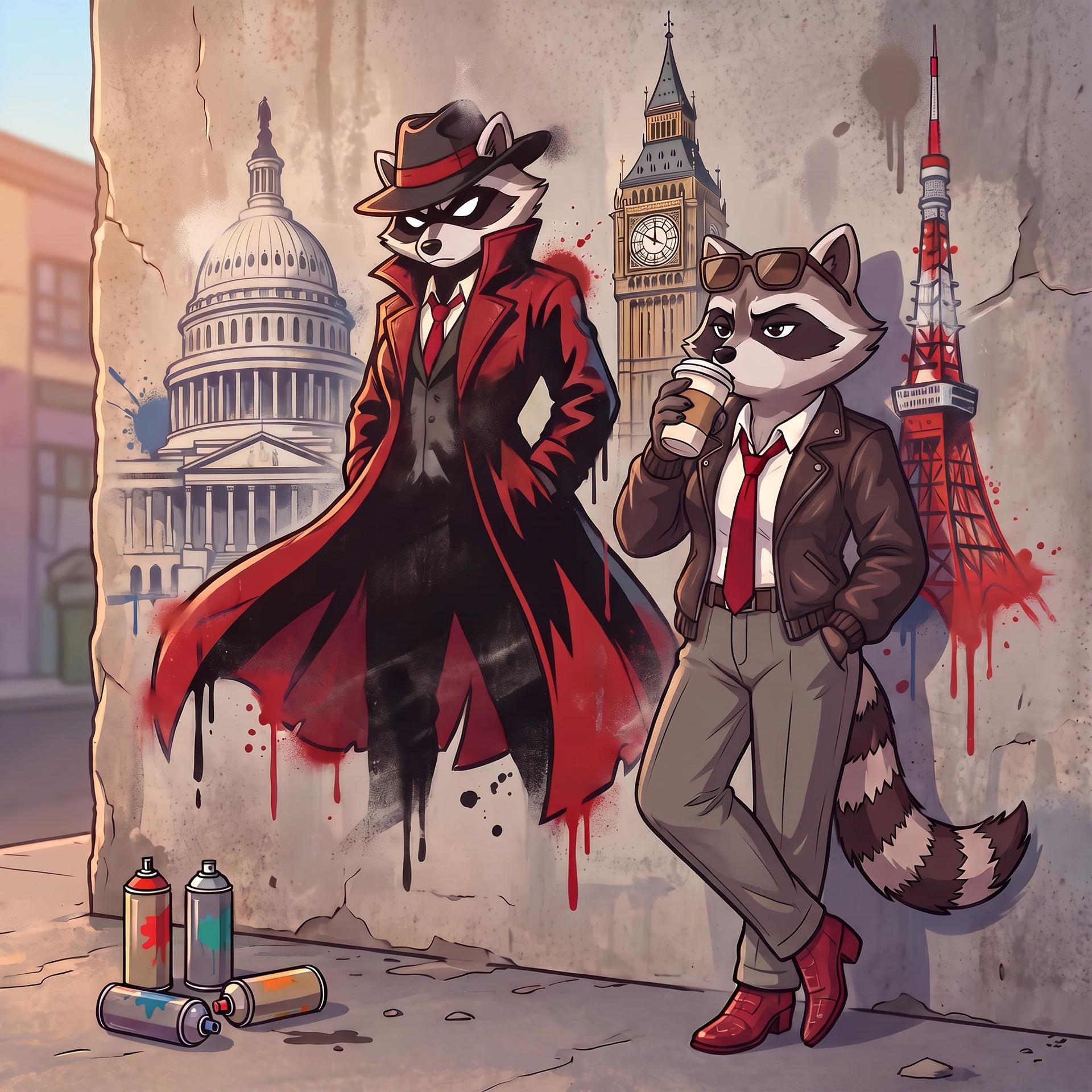Graffiti art: two stylish raccoons, one detective, one suited, with global landmarks.