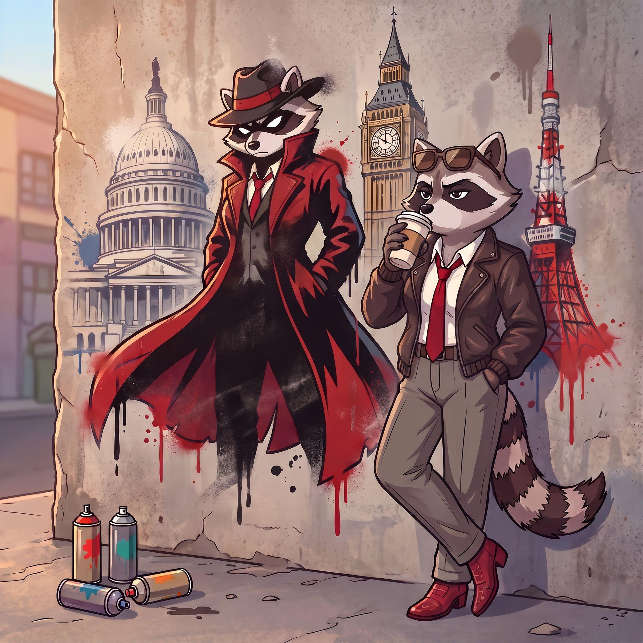 Graffiti art: two stylish raccoons, one detective, one suited, with global landmarks.