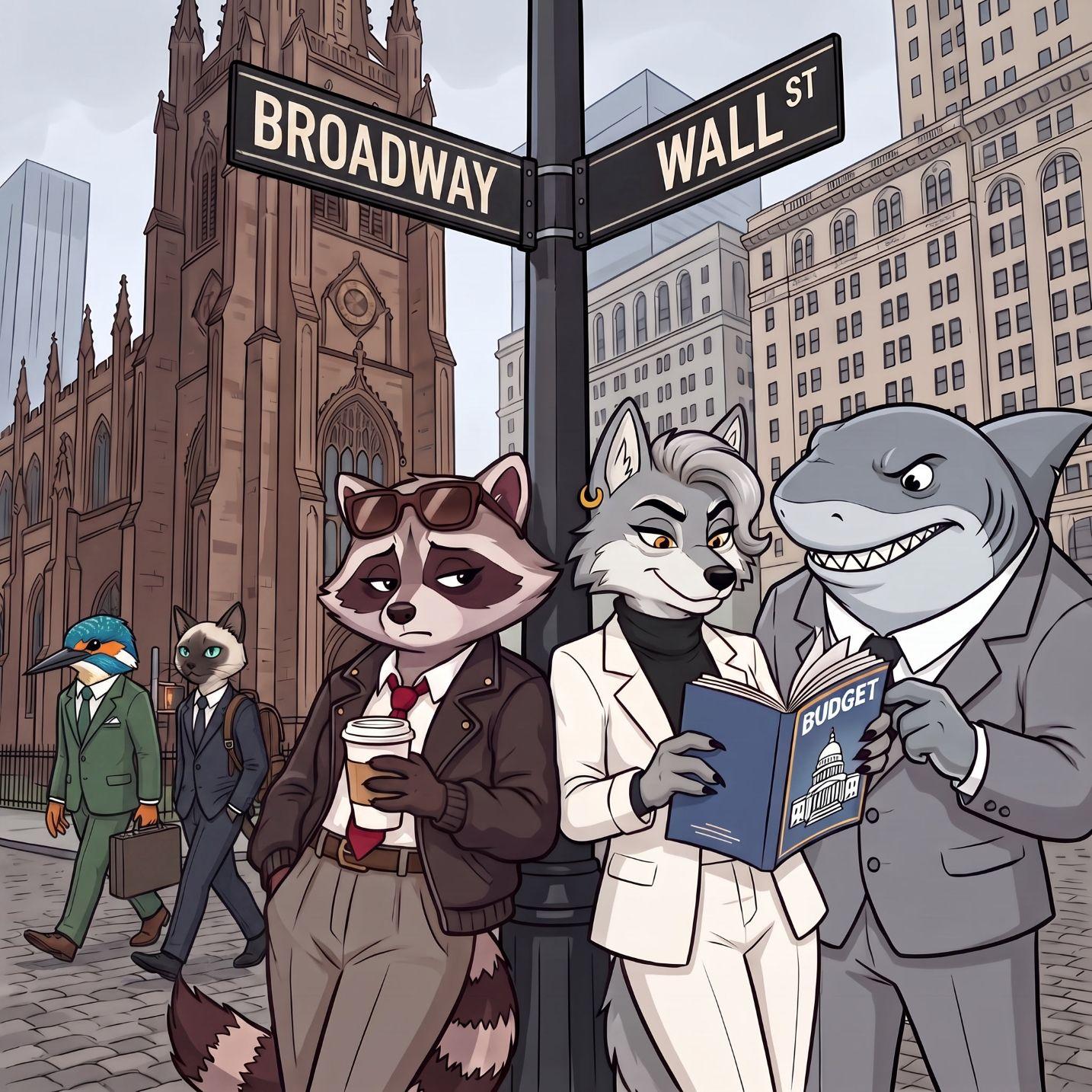 Anthropomorphic raccoon, wolf, and shark in business suits at Broadway and Wall Street.