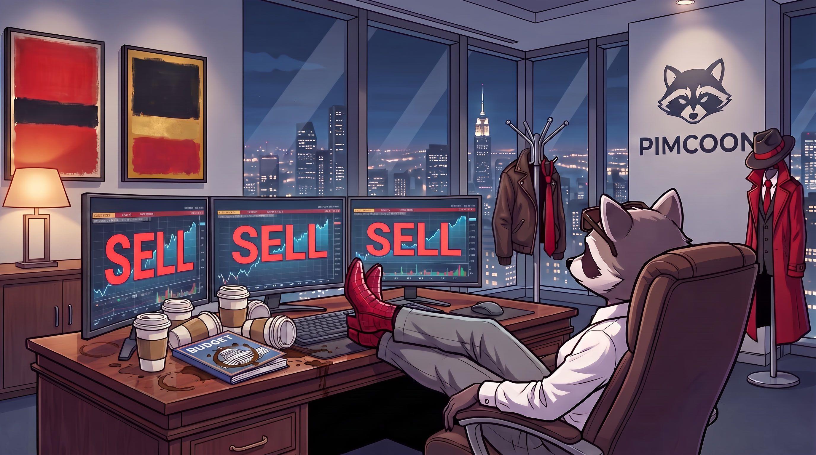 Cartoon raccoon in suit at office desk with 'SELL' on monitors overlooking city.