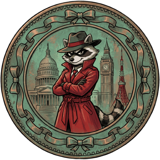 Cartoon raccoon in a red trench coat and fedora, with international landmarks in the background.