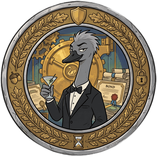 Dapper grey duck-like creature in a tuxedo holding a martini in an ornate frame.