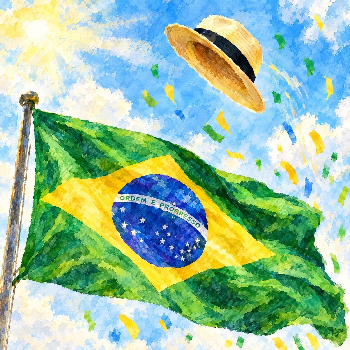 Brazilian flag flying under a sunny sky with a straw hat and confetti.