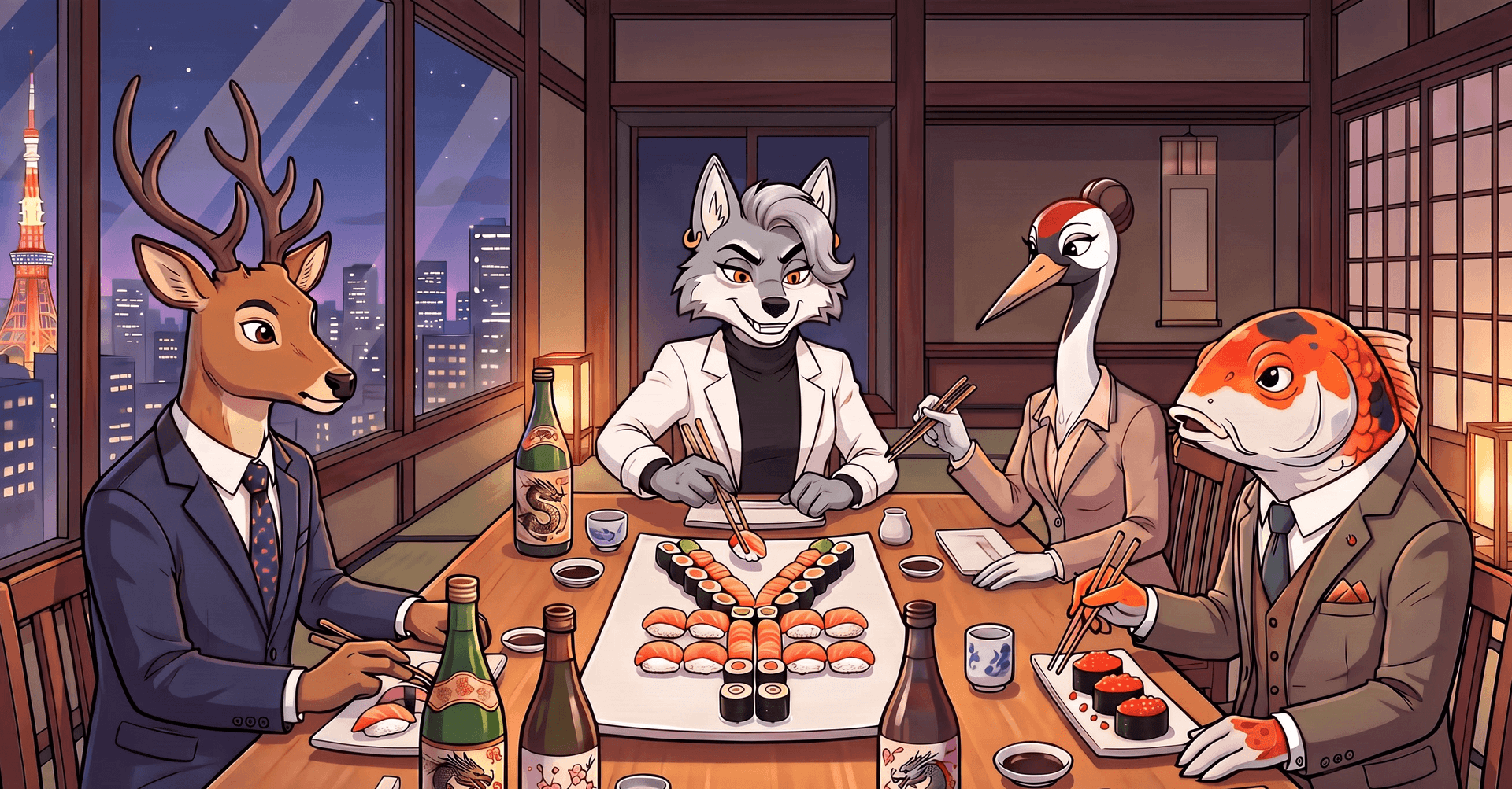 Four anthropomorphic animals in suits share sushi at a Japanese restaurant with a city view.