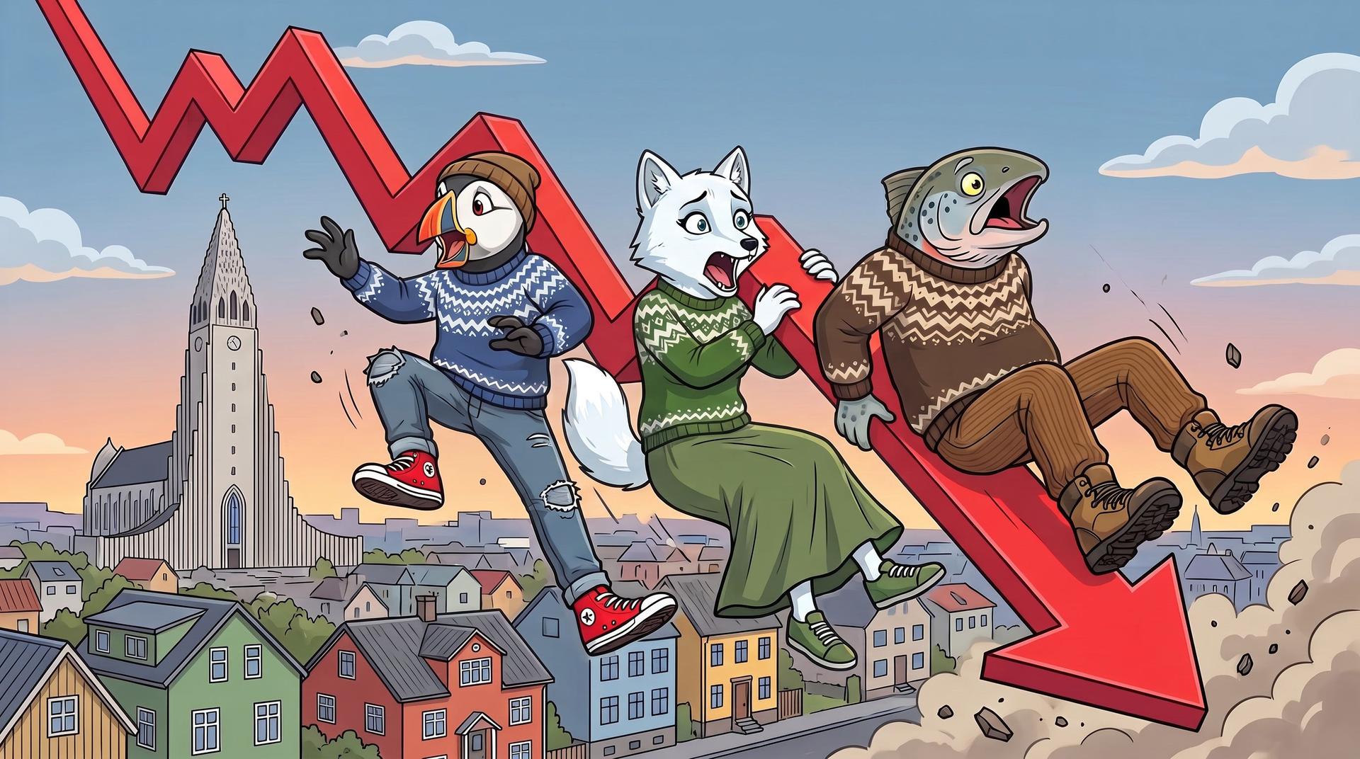 Puffin, fox, and salmon slide distressed down a red downturn arrow over a city.