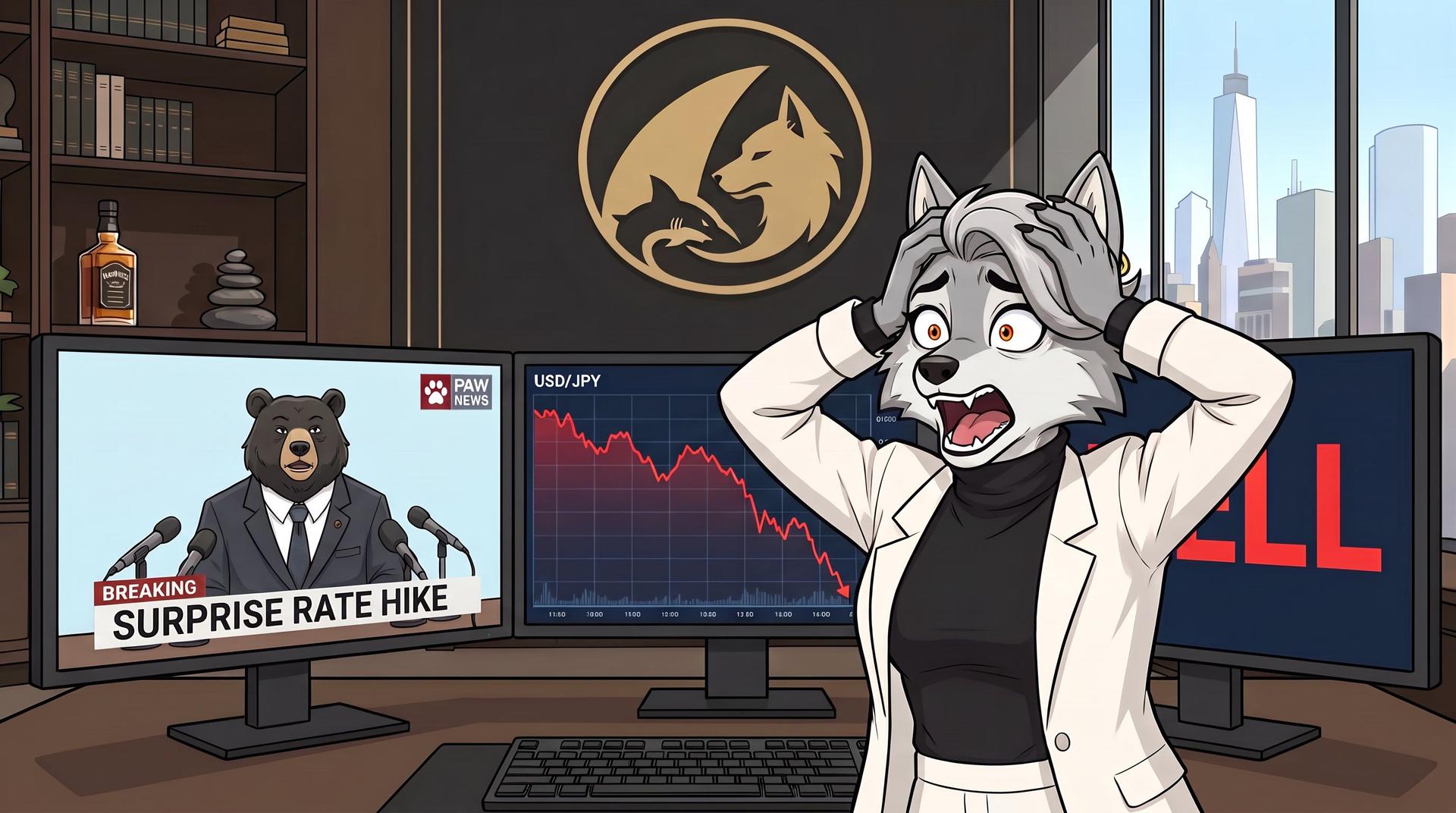 Shocked anthropomorphic wolf sees 'surprise rate hike' and 'SELL' on financial monitors.