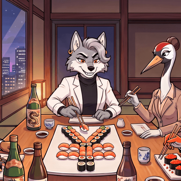 Stylish anthropomorphic wolf and crane enjoy sushi and sake dinner in a Japanese restaurant.
