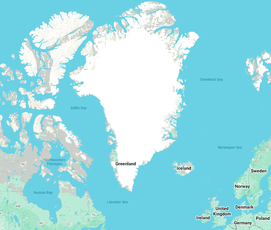 Political map showing Greenland, North America, and Europe with surrounding seas and labeled countries.