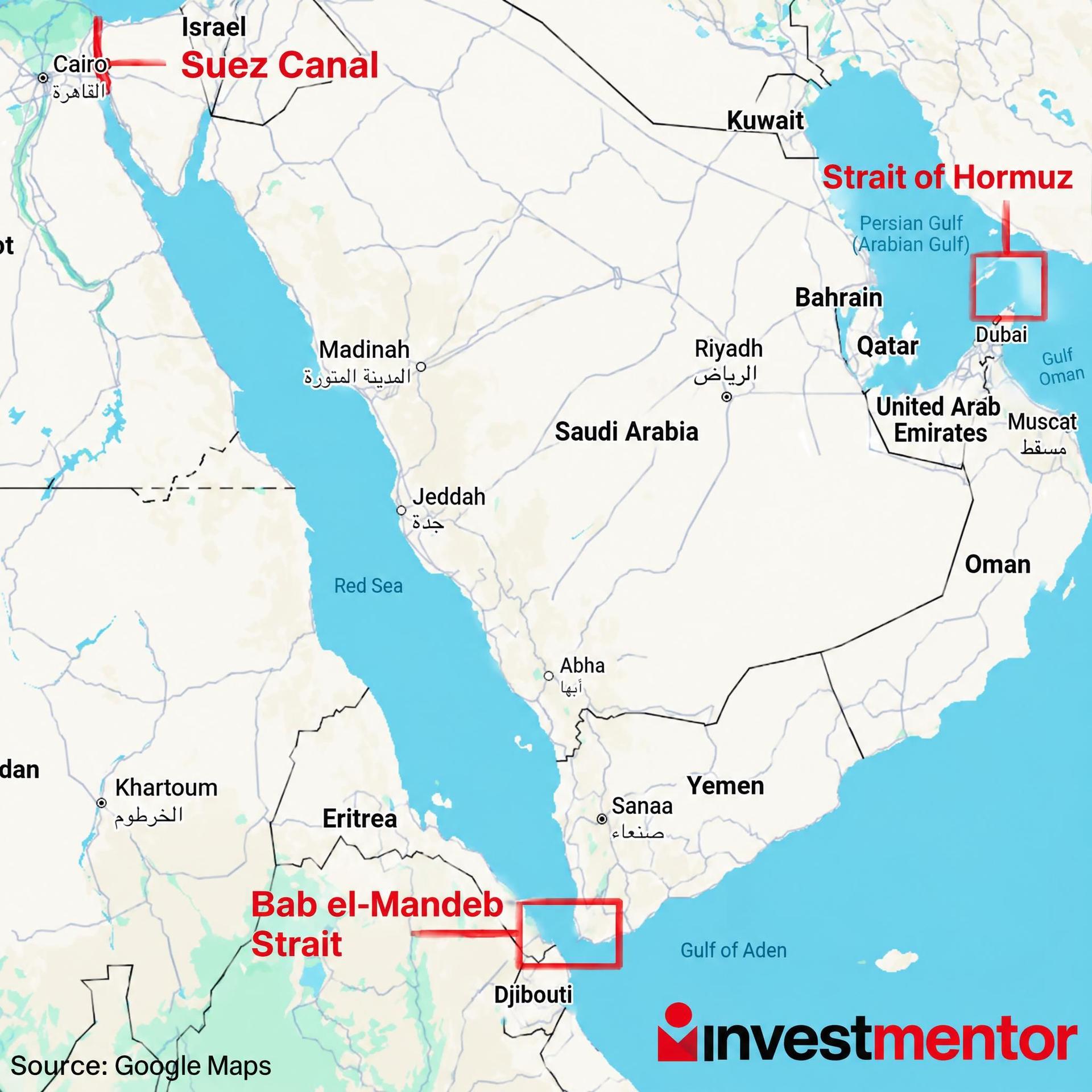 Map showing strategic maritime chokepoints: Suez Canal, Bab el-Mandeb, and Strait of Hormuz.
