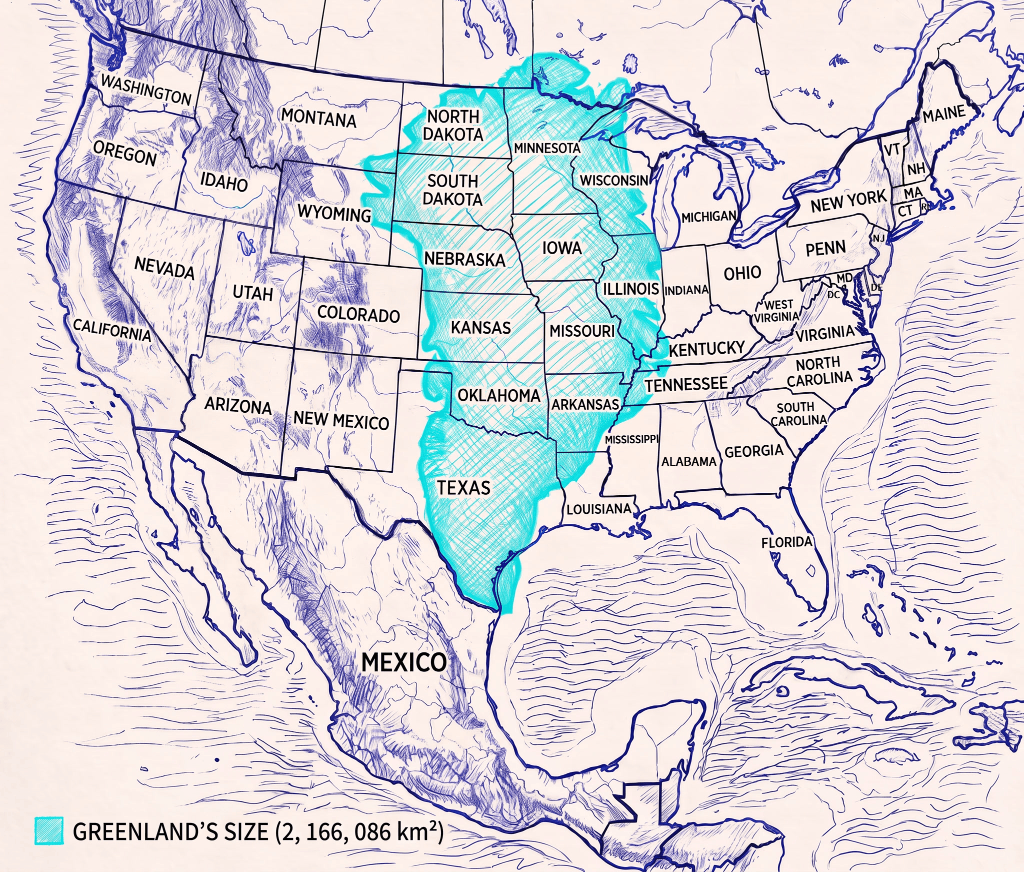 Map comparing Greenland's size (2,166,086 km²) to a significant portion of the central United States.