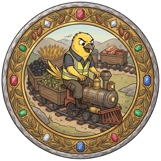 Yellow bird in safety vest drives a train pulling cargo, within an ornate jeweled frame.