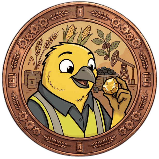 Yellow bird in work vest holding a gold nugget, surrounded by natural resources and industry symbols.