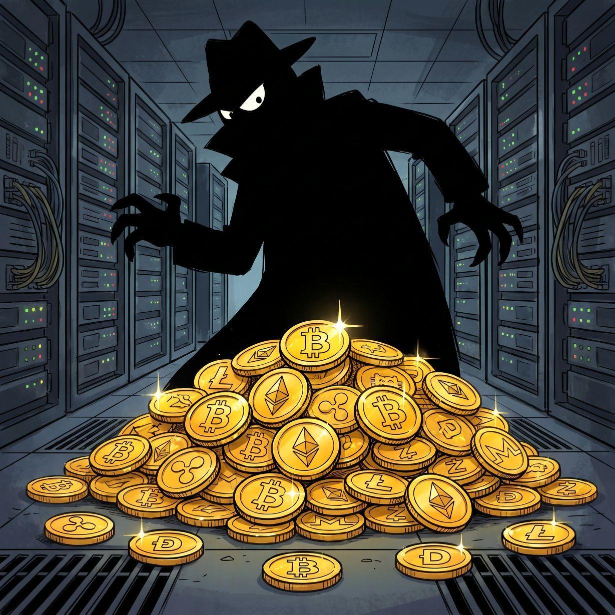 Shadowy figure hovers over a pile of gold coins in a server room.