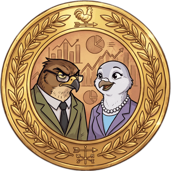 Gold medal with two business birds, a hawk and a dove, in front of financial charts.