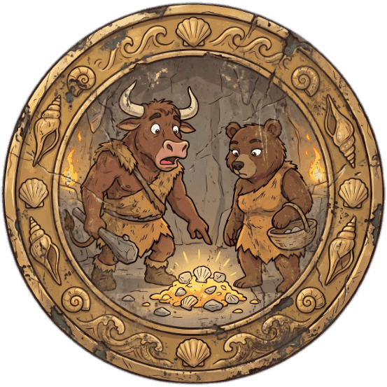A minotaur and a bear discover a glowing pile of gold in a cave.
