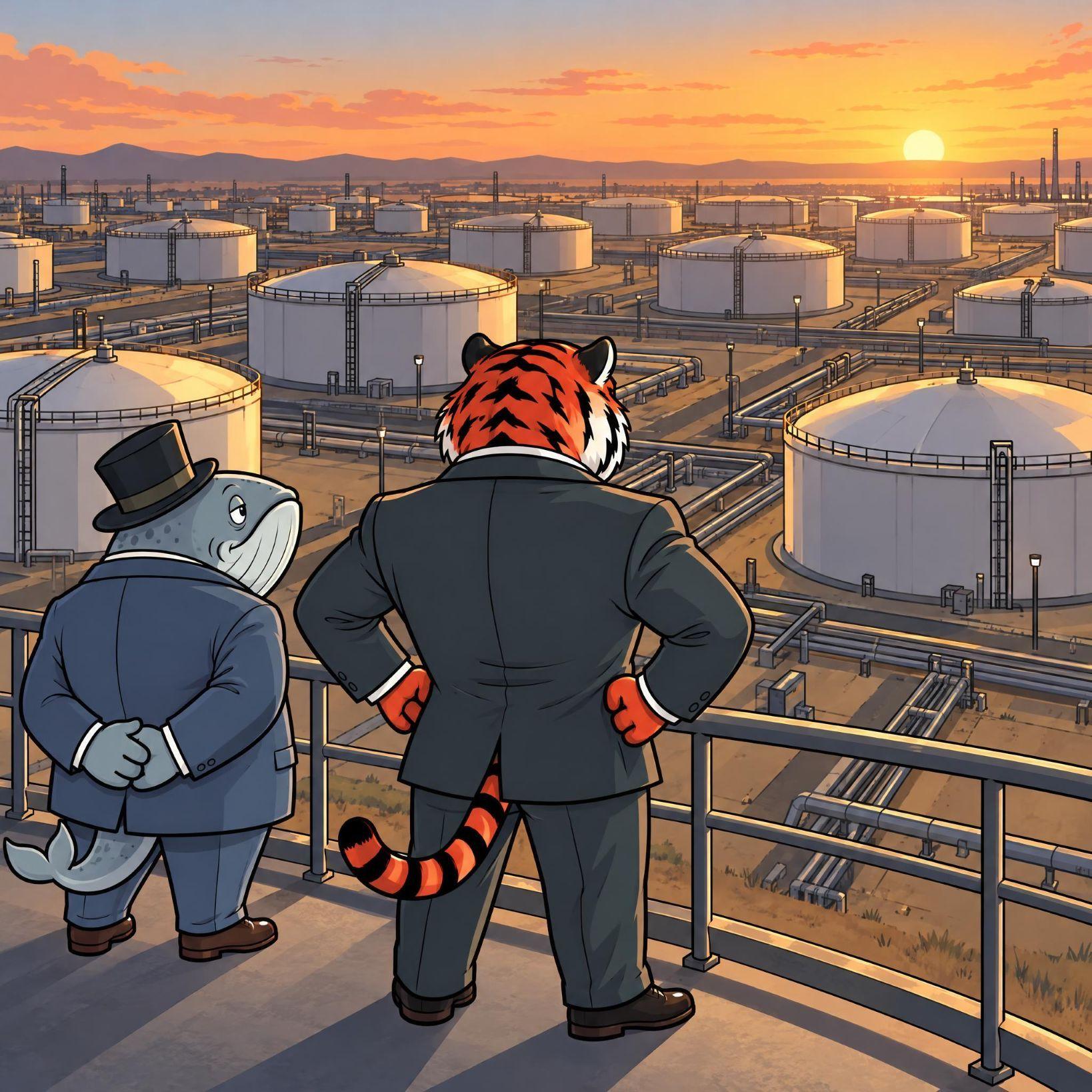 A cartoon tiger and shark in suits overlook an industrial complex with storage tanks at sunset.