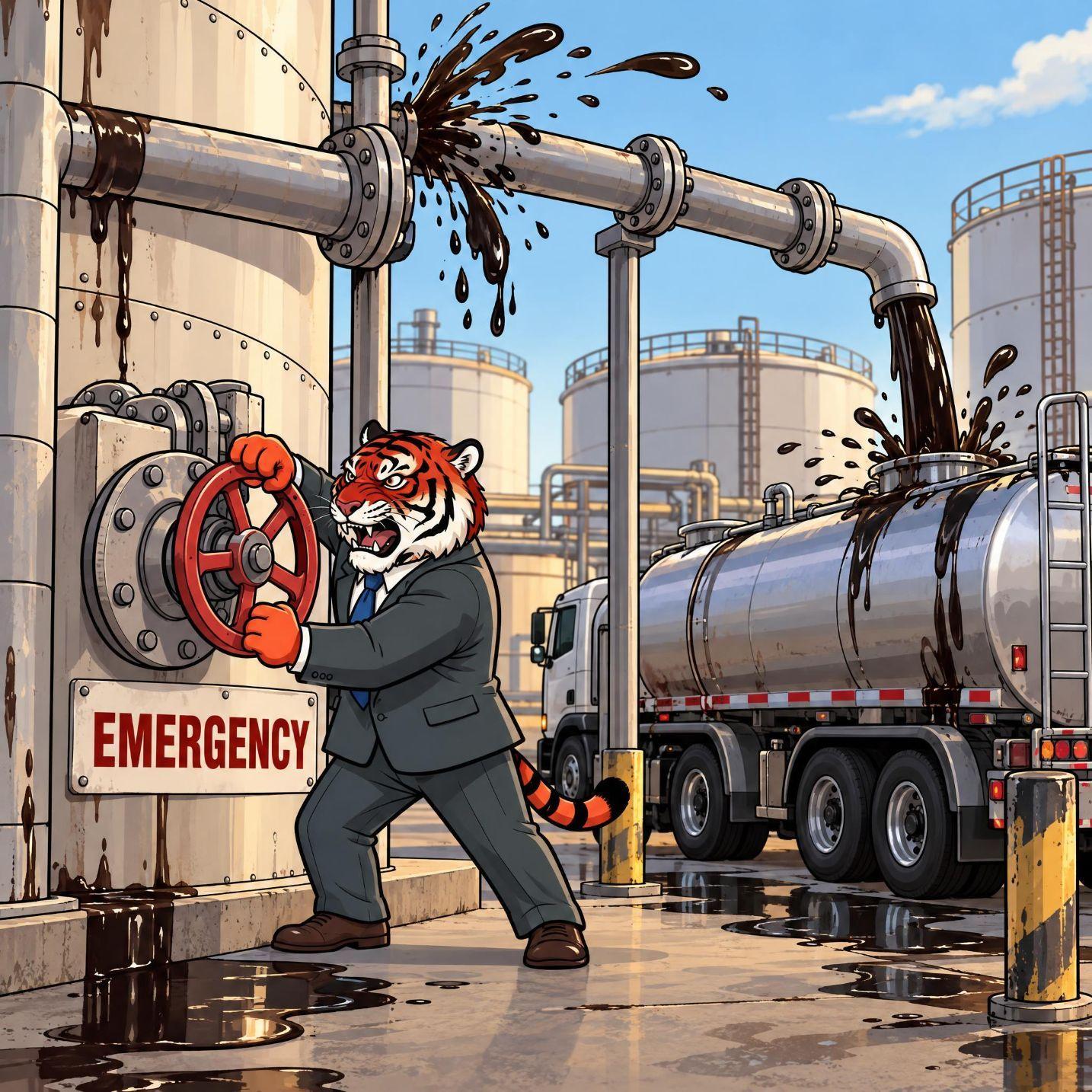 Tiger in suit attempts to close valve as oil spills from pipe onto tanker.
