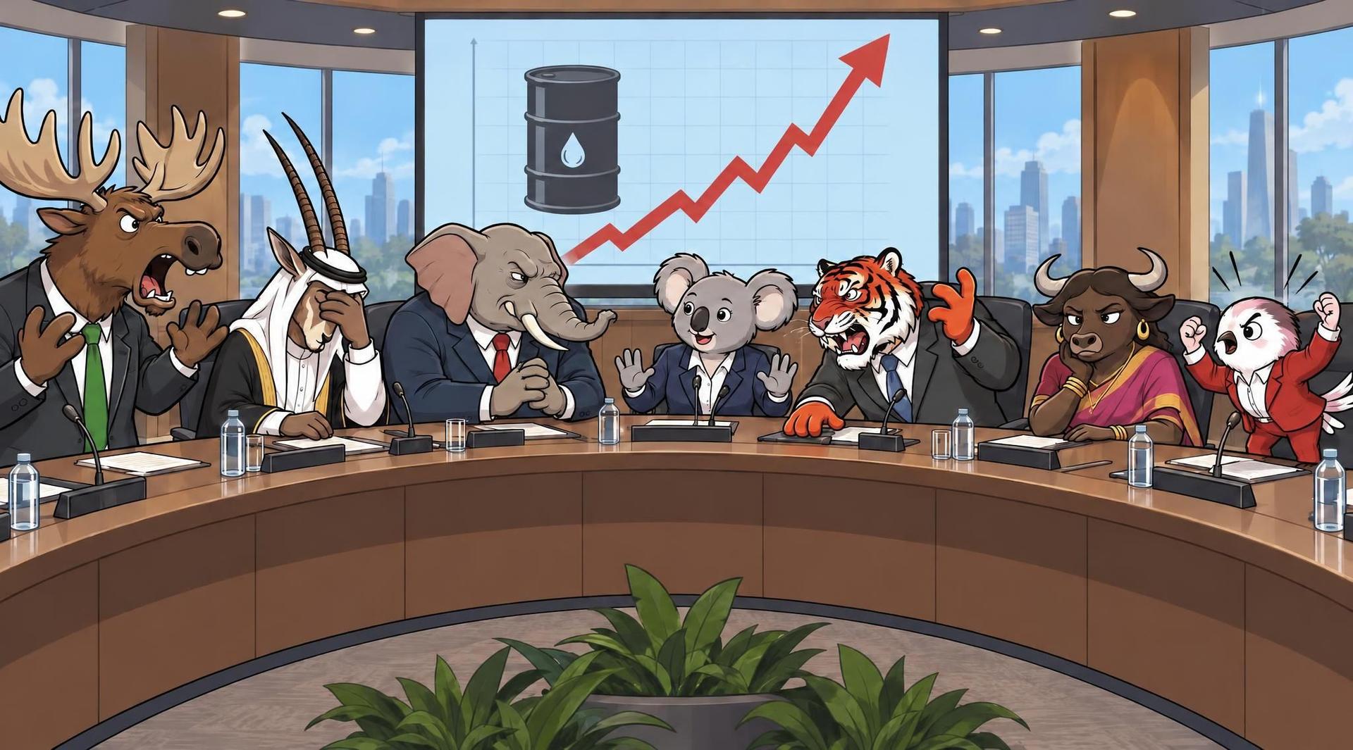 Anthropomorphic animal leaders debate rising oil prices around a conference table.