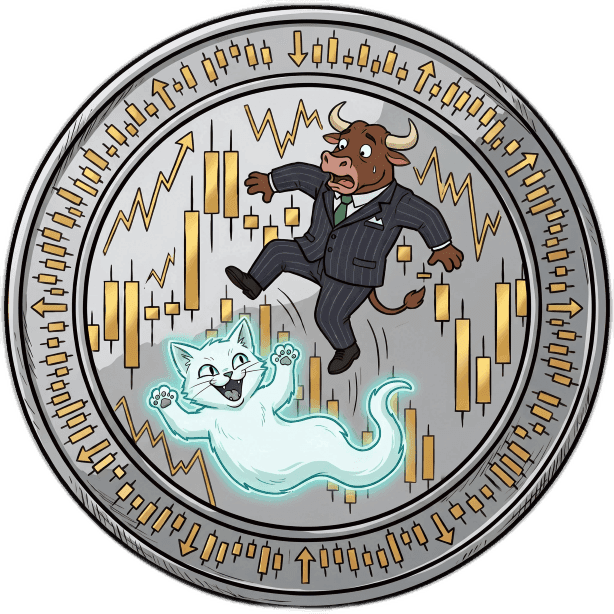 A silver coin features a falling bull and a floating ghost cat amidst dynamic financial charts.