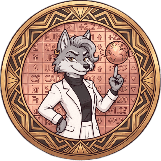 Confidently dressed wolf balances a globe on her finger, surrounded by global currency symbols.