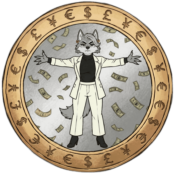 Anthropomorphic wolf in a white suit, arms spread, surrounded by falling money and currency symbols.