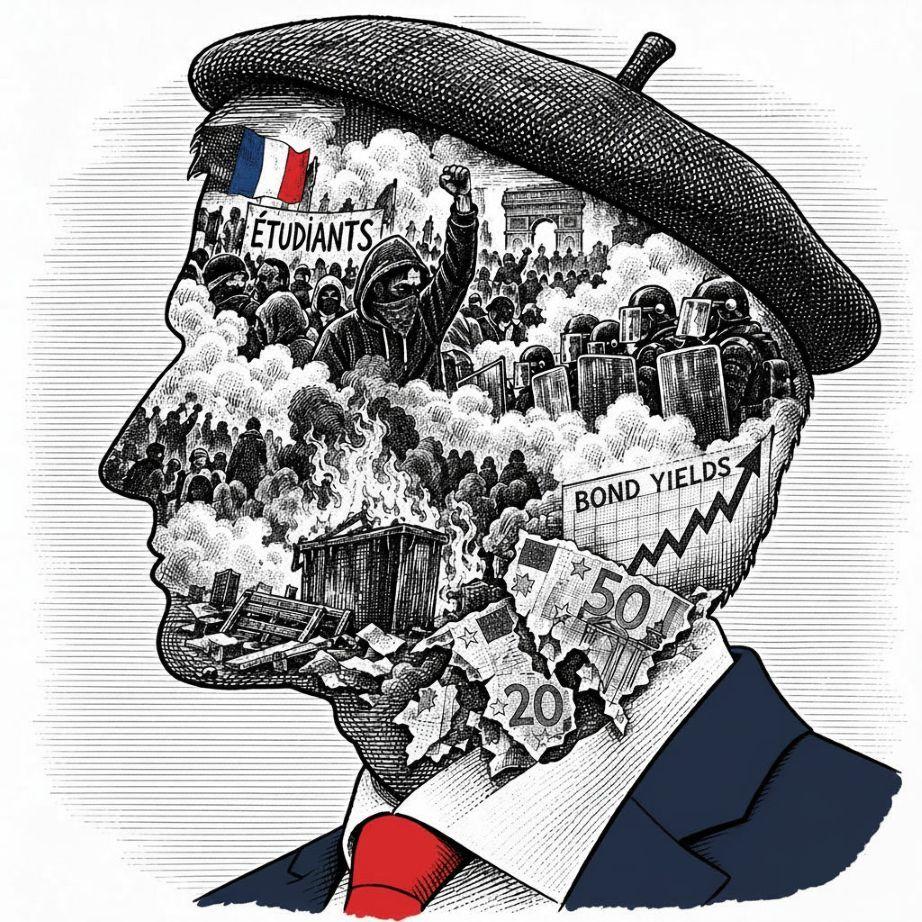Illustration of a man's head filled with scenes of French protests, police, and economic indicators.