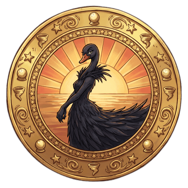 Golden emblem featuring a black swan-like figure before a sunrise over calm water.