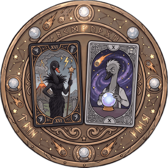 Ornate tarot cards depict a black swan with volcano and a grey swan with galaxy on a celestial board.