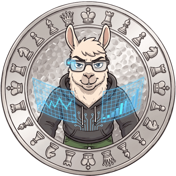 Silver coin with a tech llama wearing glasses, holographic data, and chess pieces border.