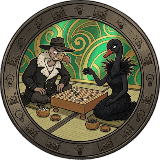 A dodo in a trench coat and a black swan play a strategic game of Go.