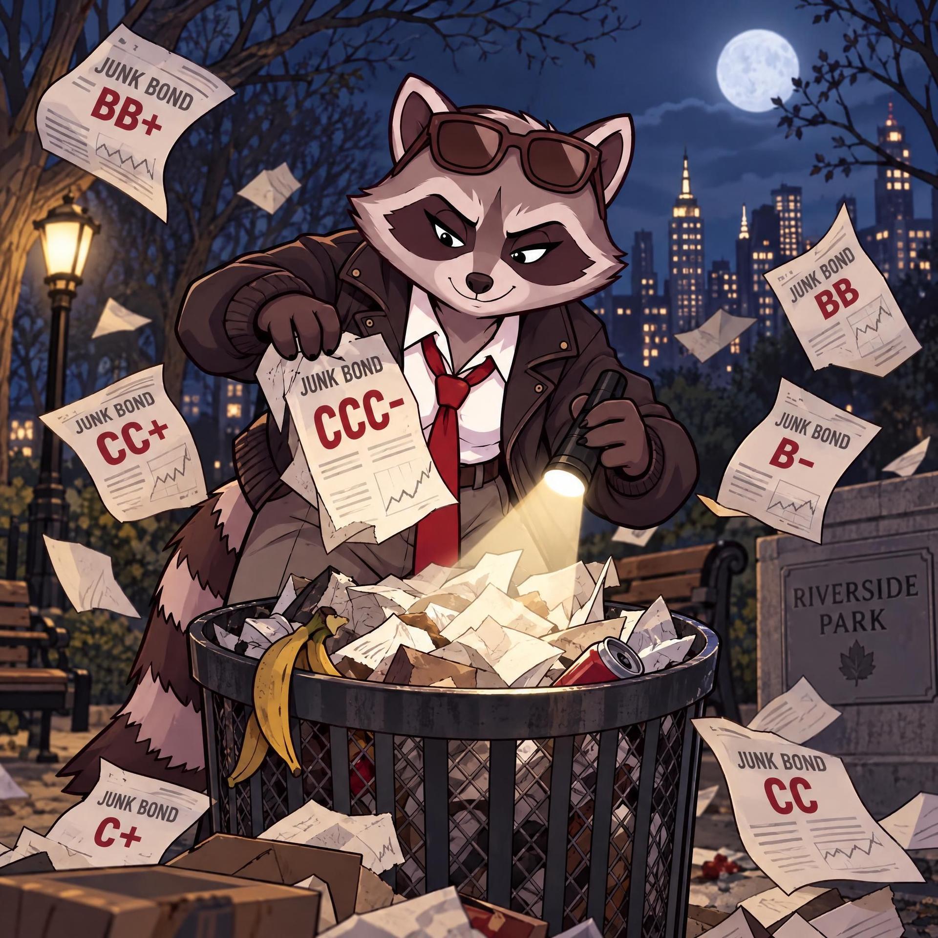 A raccoon in a suit rummages through a trash can, surrounded by papers with poor grades.