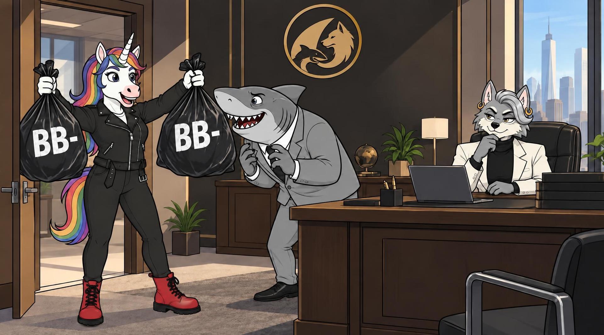 Unicorn gives BB- bags to a shark, observed by a wolf in a modern office.