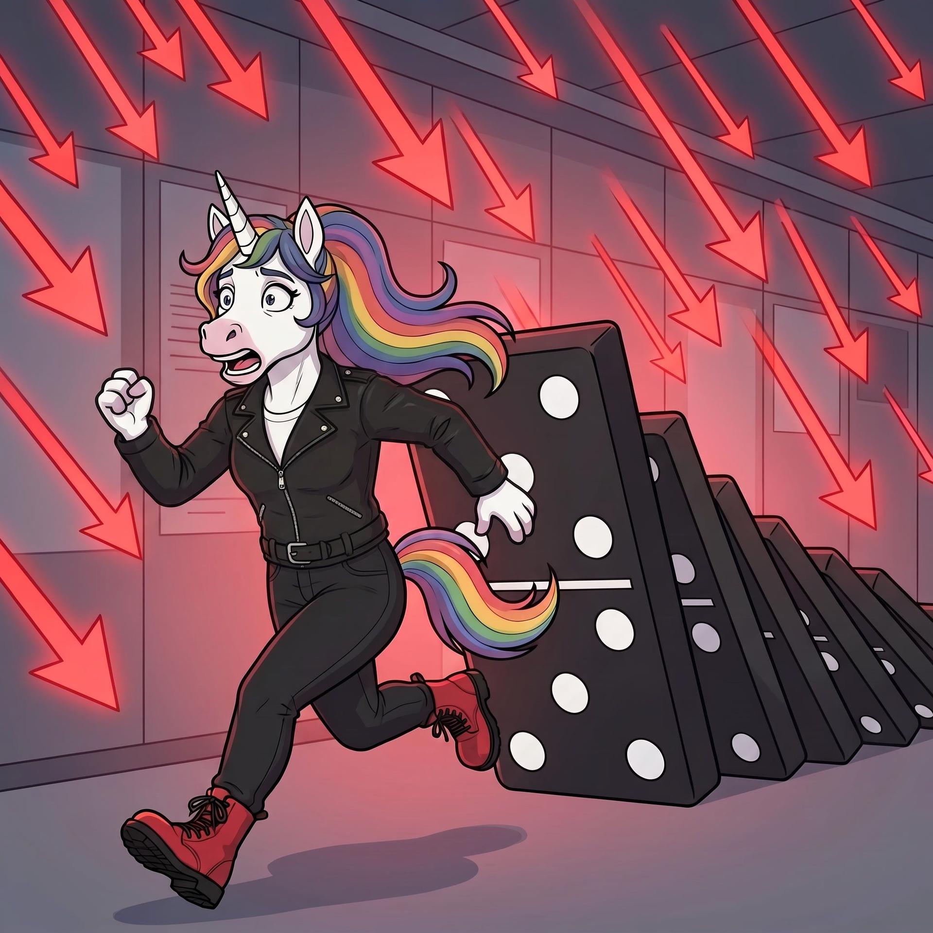 A cartoon unicorn in a jacket runs from falling dominoes, surrounded by red downward arrows.