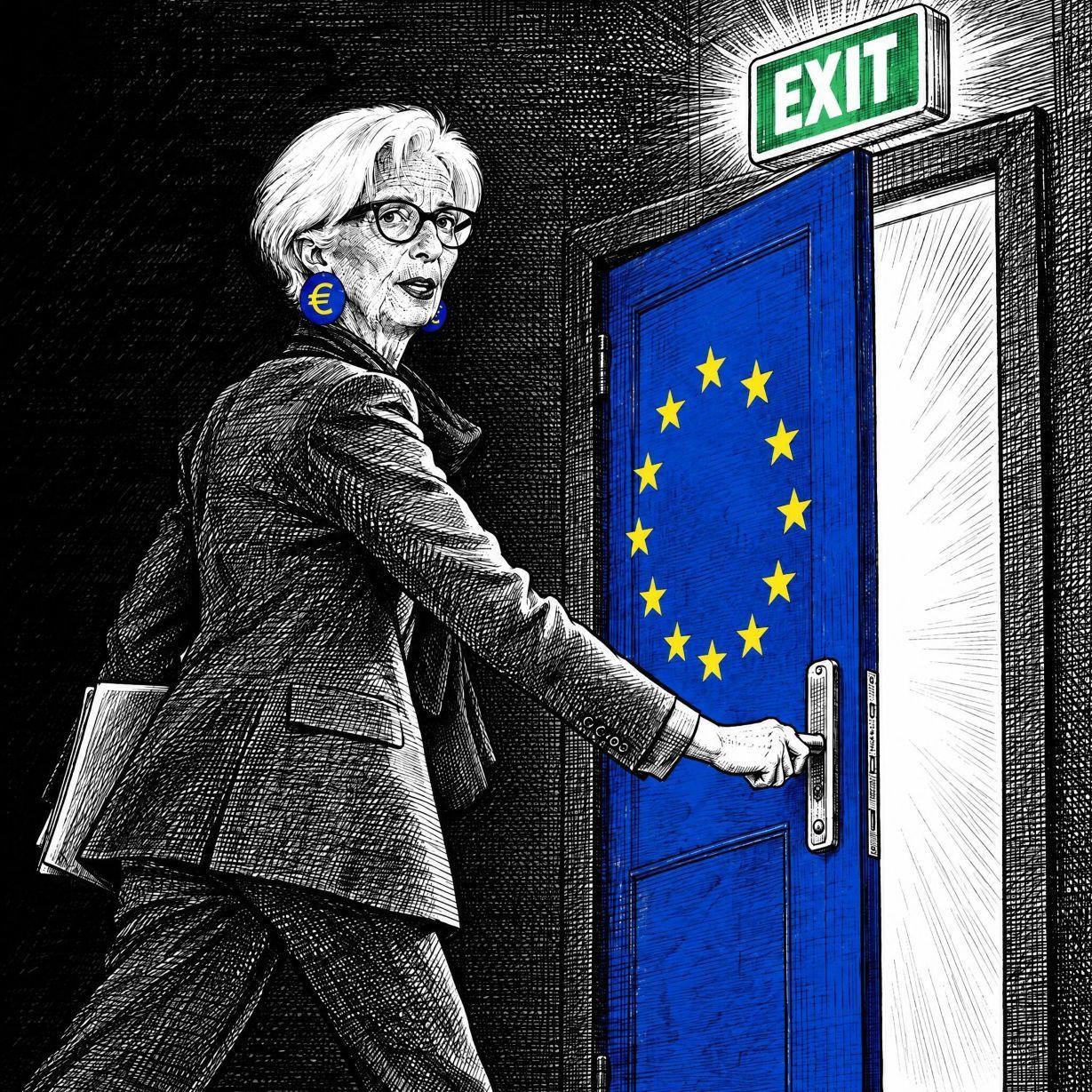 Woman with white hair opens an EU-starred blue door under a glowing "EXIT" sign.