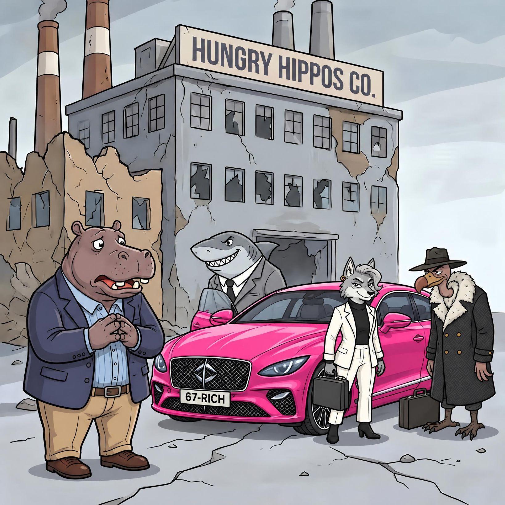 Animals in suits stand beside a pink car outside the 'Hungry Hippos Co.' factory.