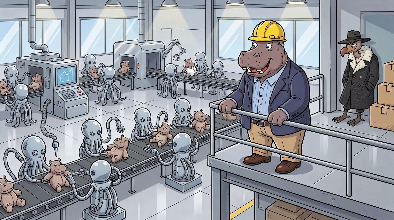 A hippo in a hard hat oversees robots manufacturing teddy bears in a factory.