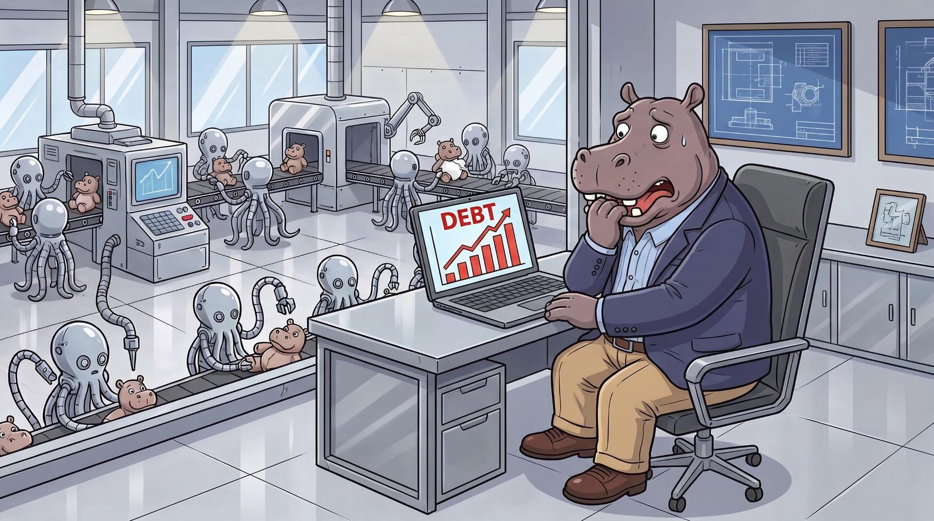 Worried corporate hippo sees rising debt graph on laptop while alien factory workers assemble.
